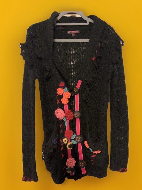 Betsey Johnson Sweaters - Vtg Betsey Johnson RUNWAY mohair lace ruffle sweater 90s cardigan anthro UO flor